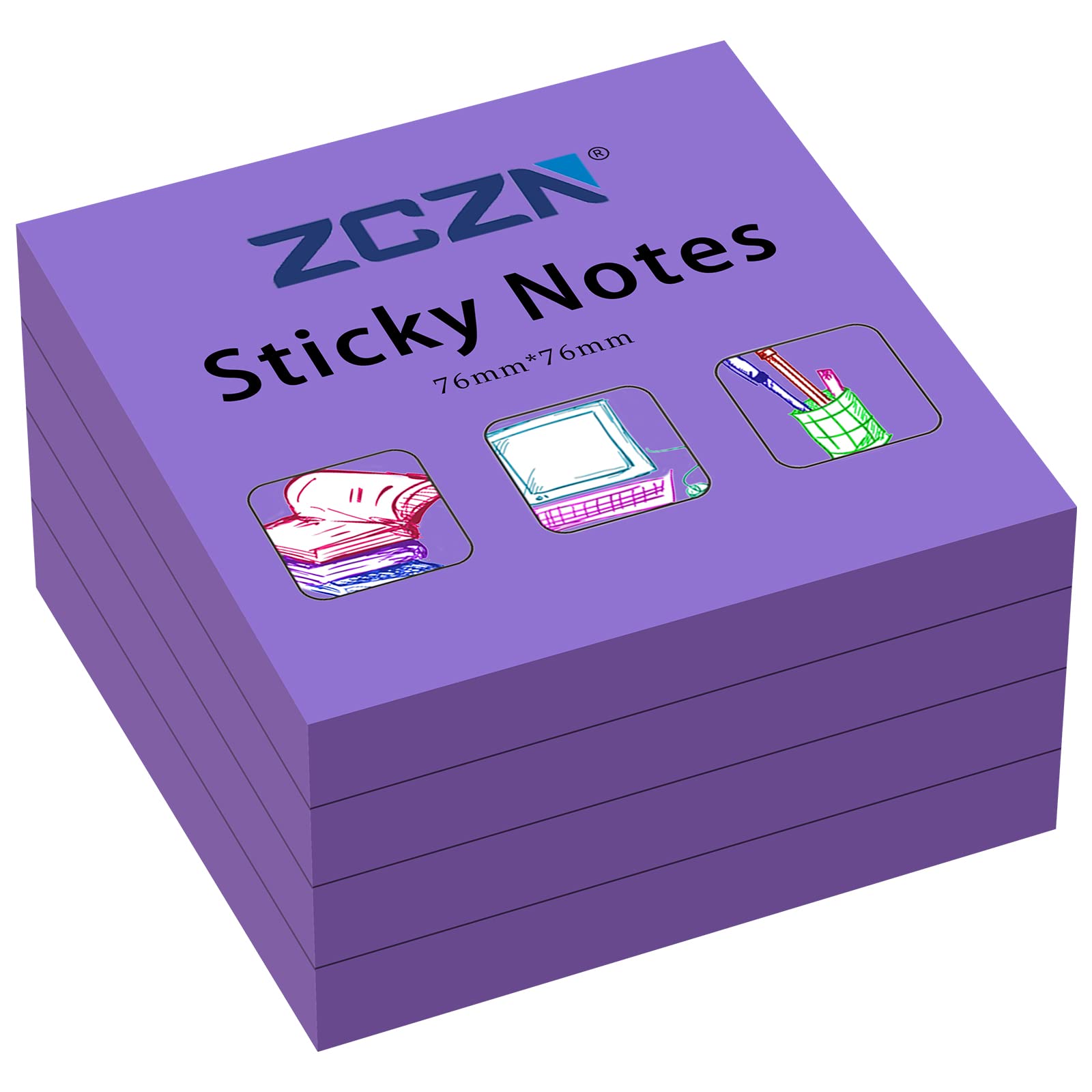 ZCZN 76 x 76 mm Sticky Notes, 100 Sheets/Pad, 4 Pads, Purple