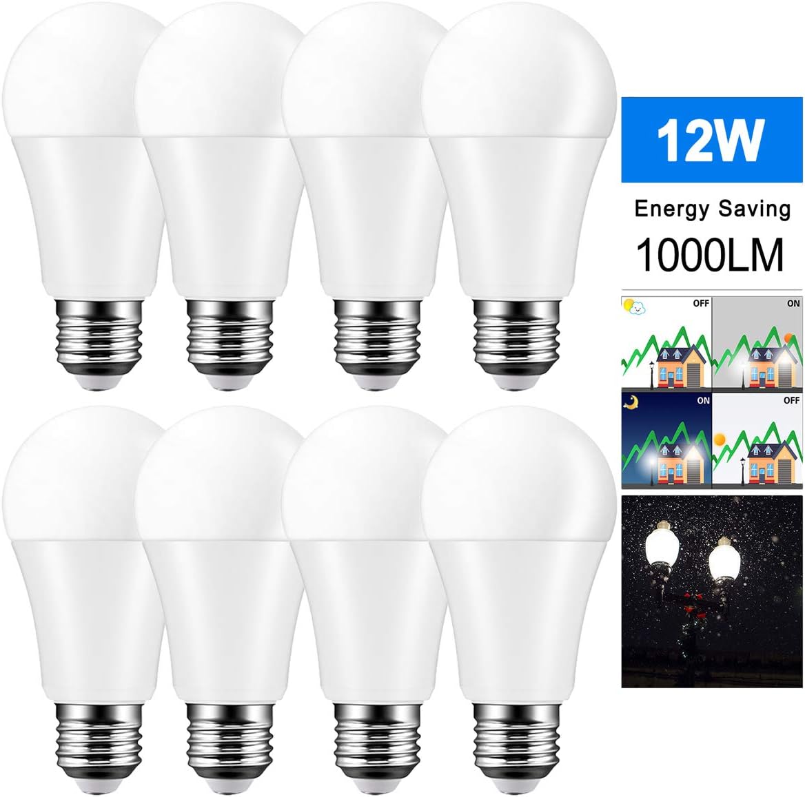 Dusk to Dawn Smart LED Bulb, DDSKY 8-Pack 12W 8LED Sensor Light E27 Auto On/Off LED Security Bulb Indoor Outdoor Lighting Lamp for Garden Garage Porch Yard, Cool White