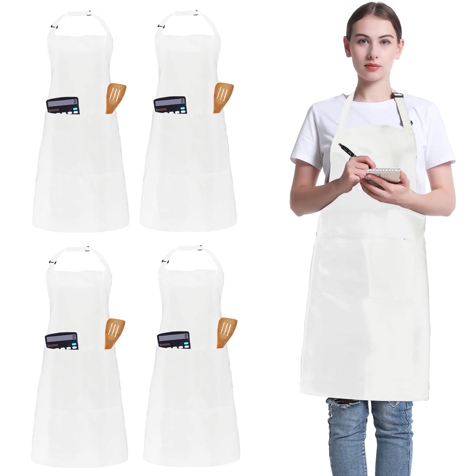 FunChaos 4 Pack Chef Apron, Adjustable Apron with 2 Pockets, Unisex Personalised Apron for Cooking, Kitchen, Restaurant (White)