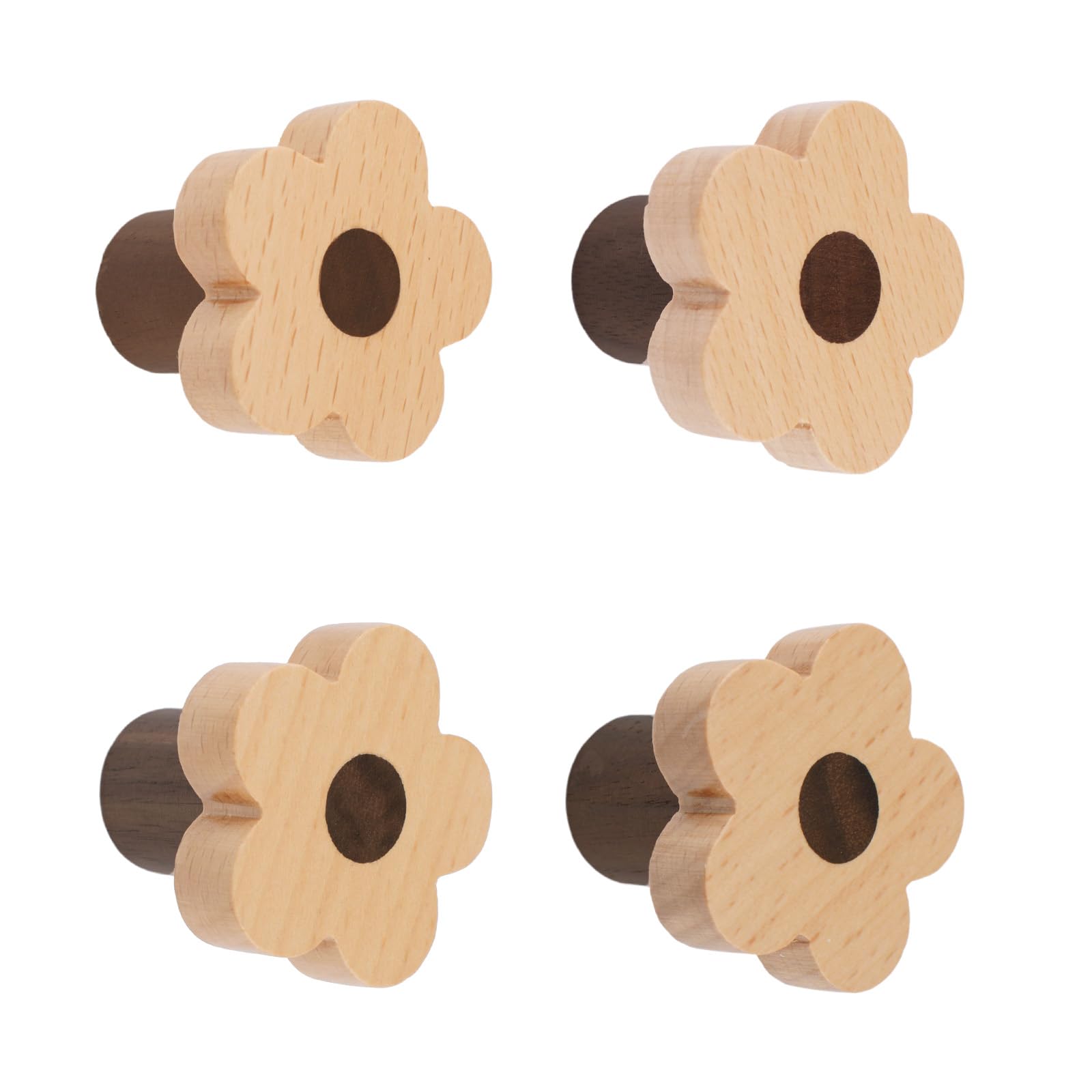 MOROBOR 4pcs Flower Shaped Wooden Cabinet Knobs, Single Hole Beech Wood Handles Wood Nursery Dresser Knobs for Chest of Drawers with Screws & Expansion Tube — image 1