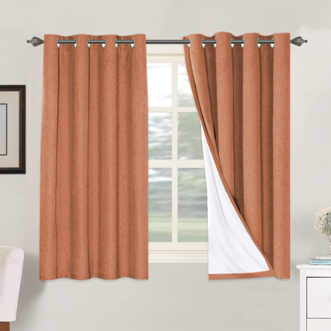 Photo 1 of H.VERSAILTEX 100% Blackout Curtains for Bedroom Thermal Insulated Linen Textured Curtains Heat and Full Light Blocking Drapes Living Room Curtains 2 Panel Sets, Orange, 52x54 Inch