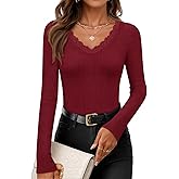ZESICA Women's Long Sleeve Lace V Neck Fall Shirts Slim Fit Going Out Tops Ribbed Knit Dressy Business Casual Blouses
