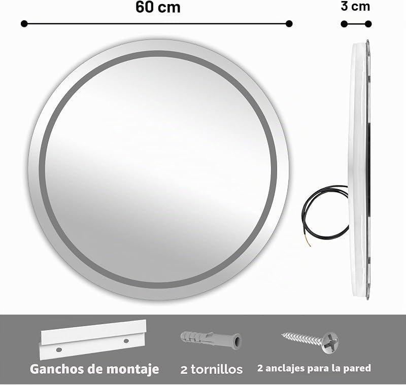 Espelho de casa de banho LED de 60 cm com luz redonda, luz de 3 cores, antiembaçador — foto 7 de 8