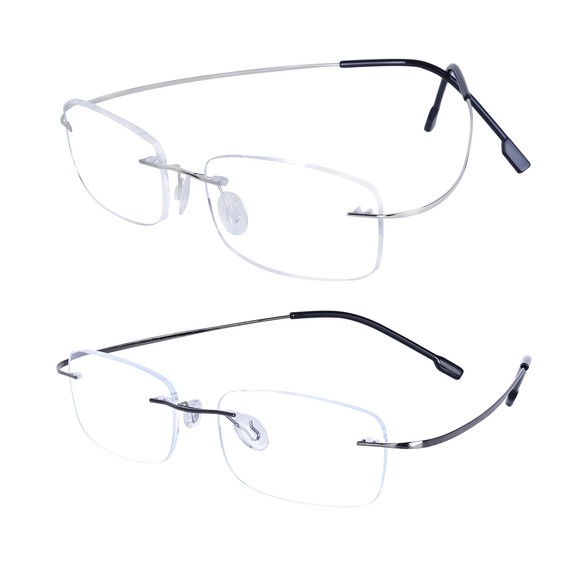 JoXiGo 2Pack Rimless Reading Glasses Super Lightweight Flexible Frame + Glasses Strap,Grey+Silver+1.0