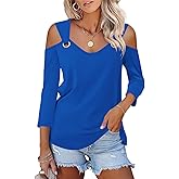 Minetom Women's V Neck 3/4 Sleeve Shirts Cold Shoulder Tops Basic Summer Tees