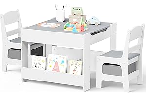 Kinder King Kids Wood Table & 2 Chairs Set, 4 in 1 Children Activity Table w/Double Bookcase, Blackboard, Toddler Furniture Set for Art, Crafts, Drawing, Reading, Playroom, Grey