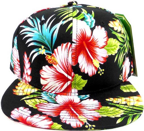 All Over Hawaiian Print Snapback Hat Cap Flat Bill Floral Black #2
