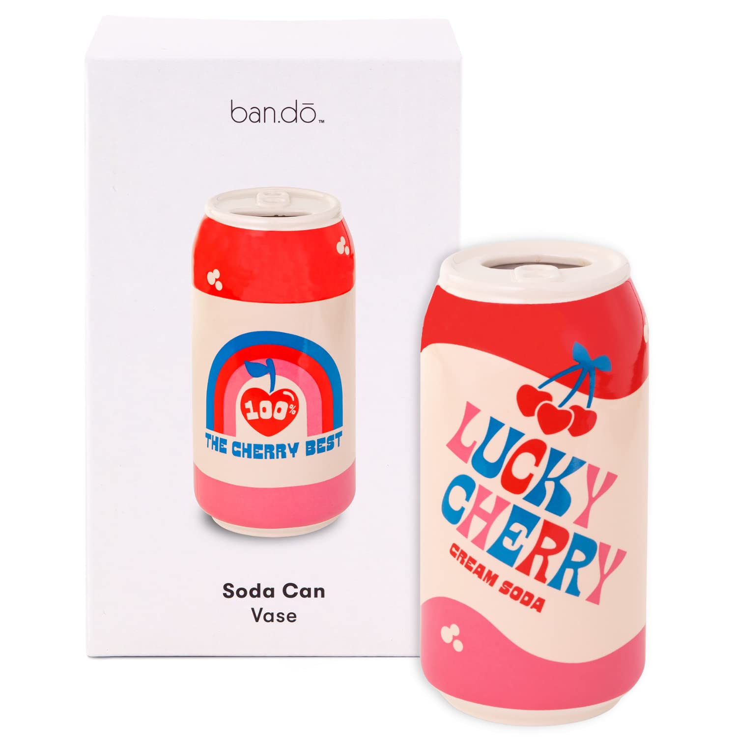 ban.do Small Decorative Vase, Colorful Ceramic Vase, Shelf Decor for Home or Office, Vintage-Inspired Soda Can, Lucky Cherry Cream Soda