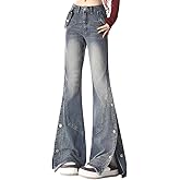 kakarin choyx Casual Straight Leg High Waisted Y2K Jeans Fashion Gradual Patchwork Sides Buttoned Split Flared Denim Pants