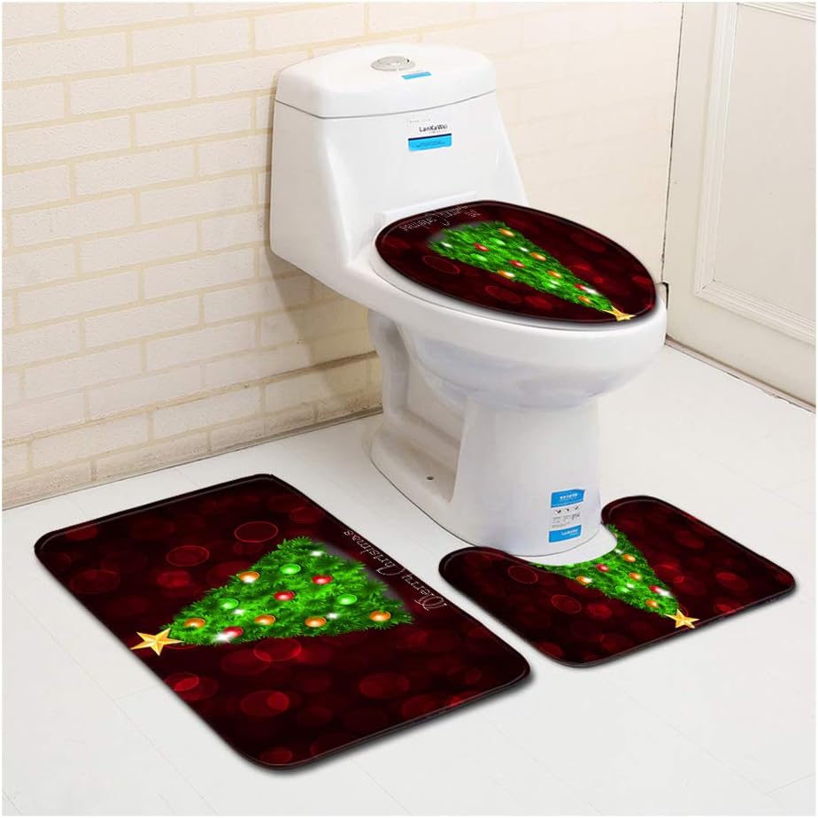 CHZHONG 3pcs Christmas Bathroom Non-Slip Pedestal Rug Lid Toilet Cover Bath Mat Set, Bathroom Products Christmas Toilet Seat Cover,B8/5080CM