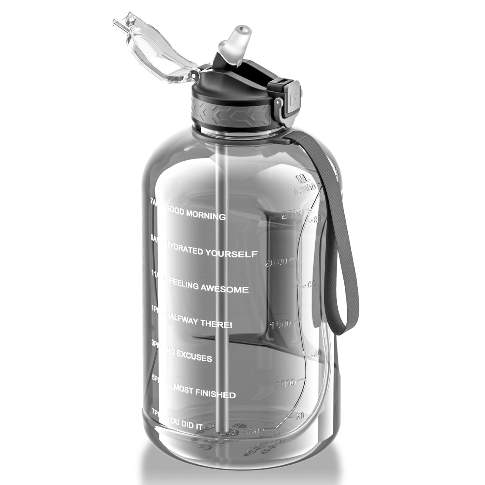 GLEKGLEK Big Water Bottle 3 Liter with Straw Clear Motivational Time Marker Drink XL Jug with Handle for Sports Gym (Grey)