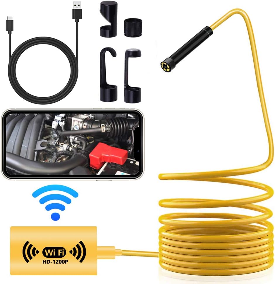Wireless Endoscope,IP68 Waterproof WiFi Borescope, 2MP 1080P HD Semi-Rigid Snake Camera for iPhone ,Android, Tablet, Motor Engine Sewer Pipe Vehicle Inspection Camera(16.5FT) -Yellow
