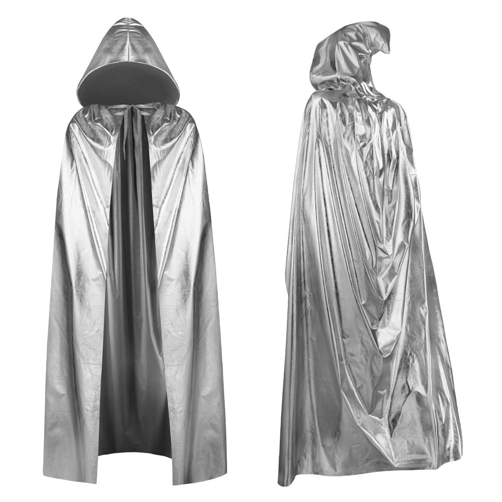 Aomig Gold Gilding Hooded Cloak, Metallic Shiny Cape for Unisex Adults, Full Length Fancy Dress Cloak for Halloween & Christmas Cosplay, Silver (150CM)