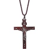 Natural Wooden Crucifix Cross Necklace for Men - Handmade Adjustable Rope Chain with Large Religious Pendant, Catholic Christian Spiritual Jewelry Gifts