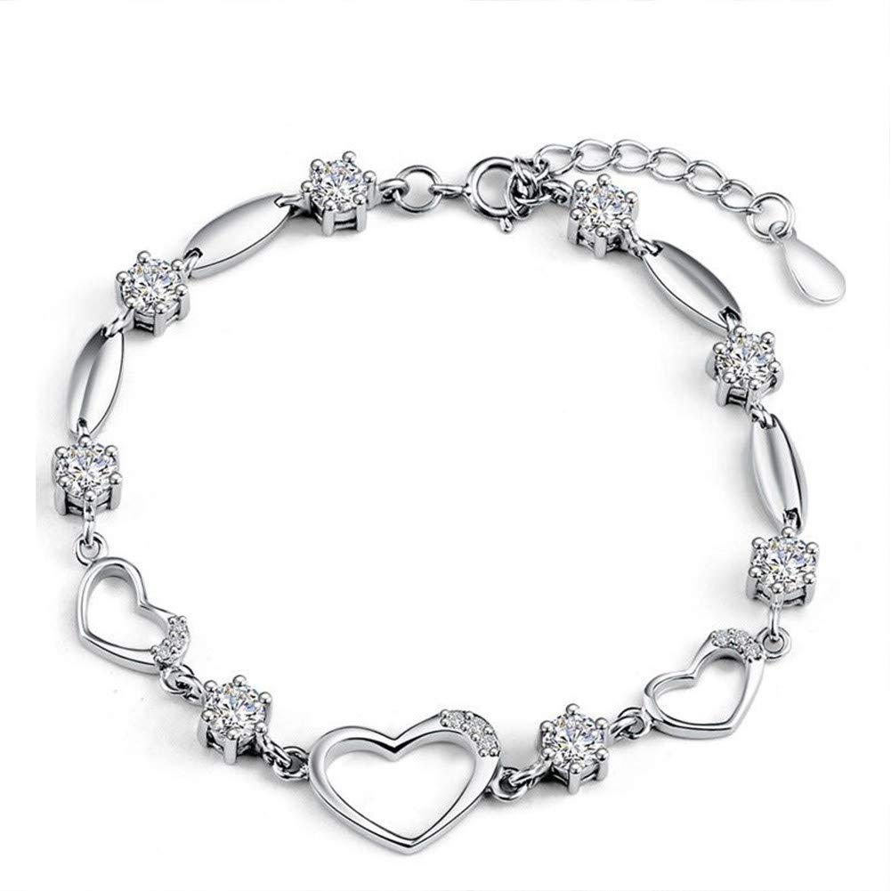 Jeulia Heart Sterling Silver Boho Bracelet Women White Gold Plated Crystal Bracelet with Adjustable Link Chain Teens Girls Women Gifts