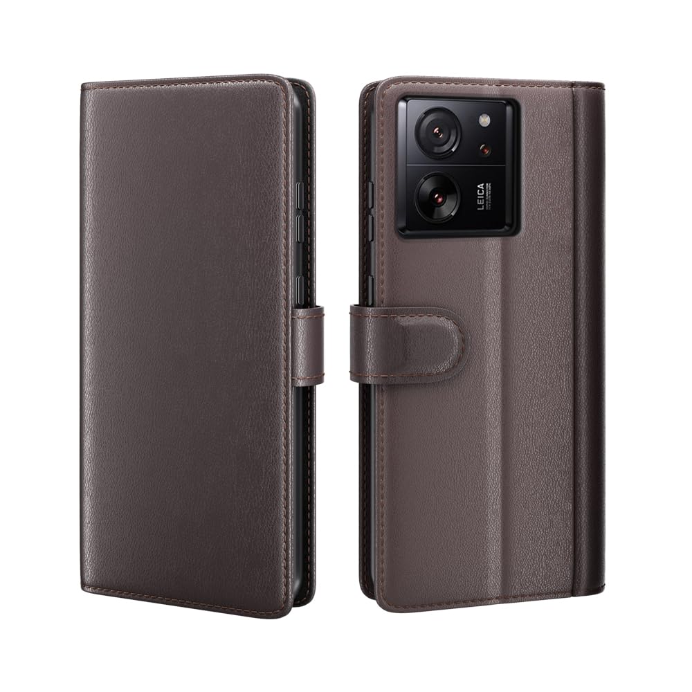 COQUE case for Xiaomi 13T Pro Shell,Real Cowhide Flip Cover with Card Slot Leather Case for Xiaomi 13T Pro-Brown