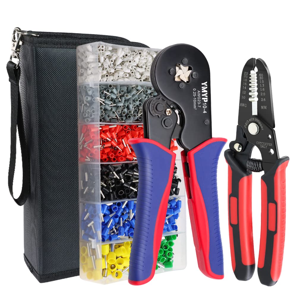 YMYP Ferrule Crimping Tool AWG23-7, Ferrule Crimper Plier with Wire Stripper & 1900Pcs End-Sleeves Terminals Kit
