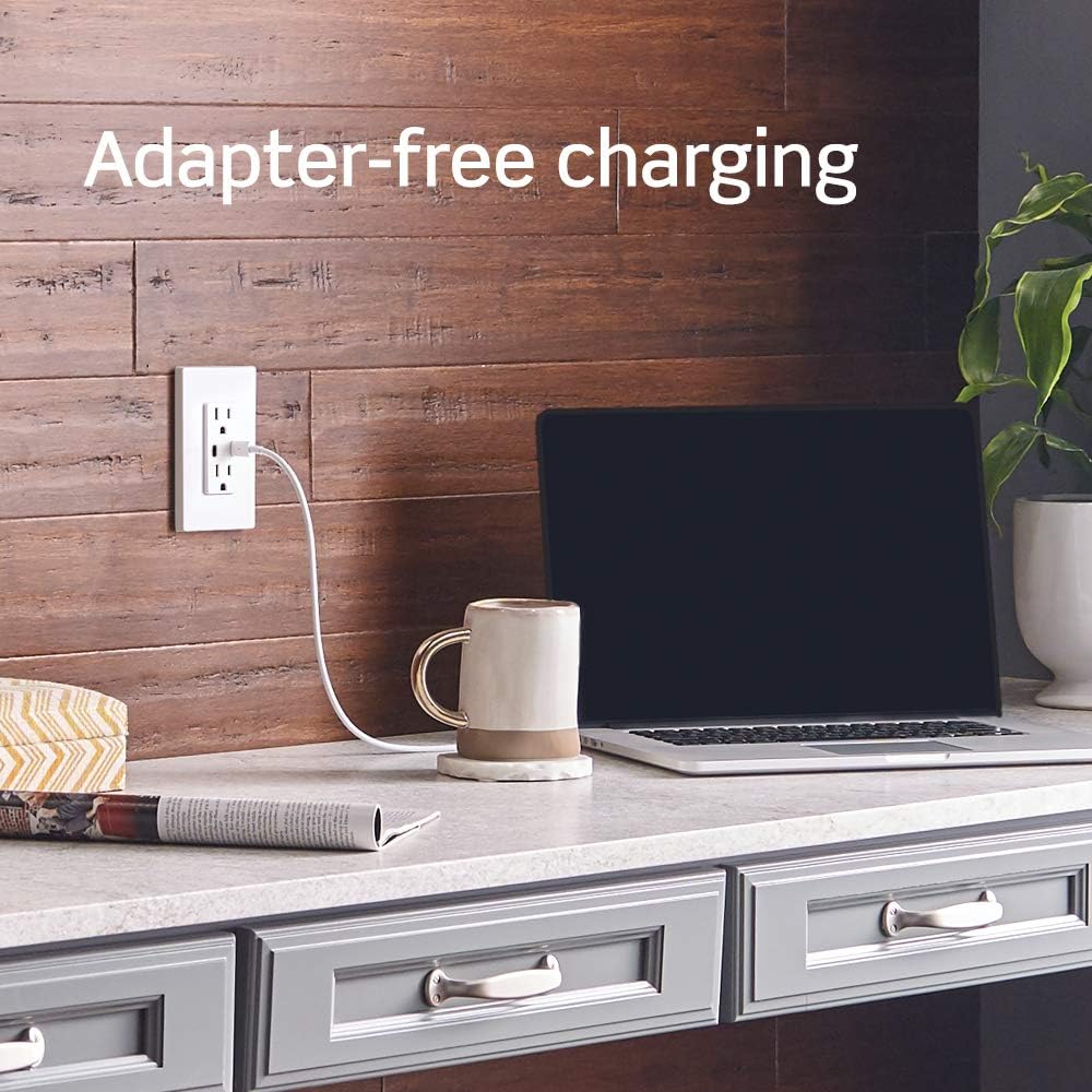 Leviton T5635-W USB Dual Type-C with Power Delivery (PD) In-Wall Charger with 15 Amp, 125 Volt Tamper-Resistant Outlet, 1-Pack, White - - 