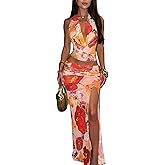REASERAL Womens Vacation Skirt Sets Floral Printed Halter Backless Top Split Maxi Skirt Beach Going Out Skirt Outfits