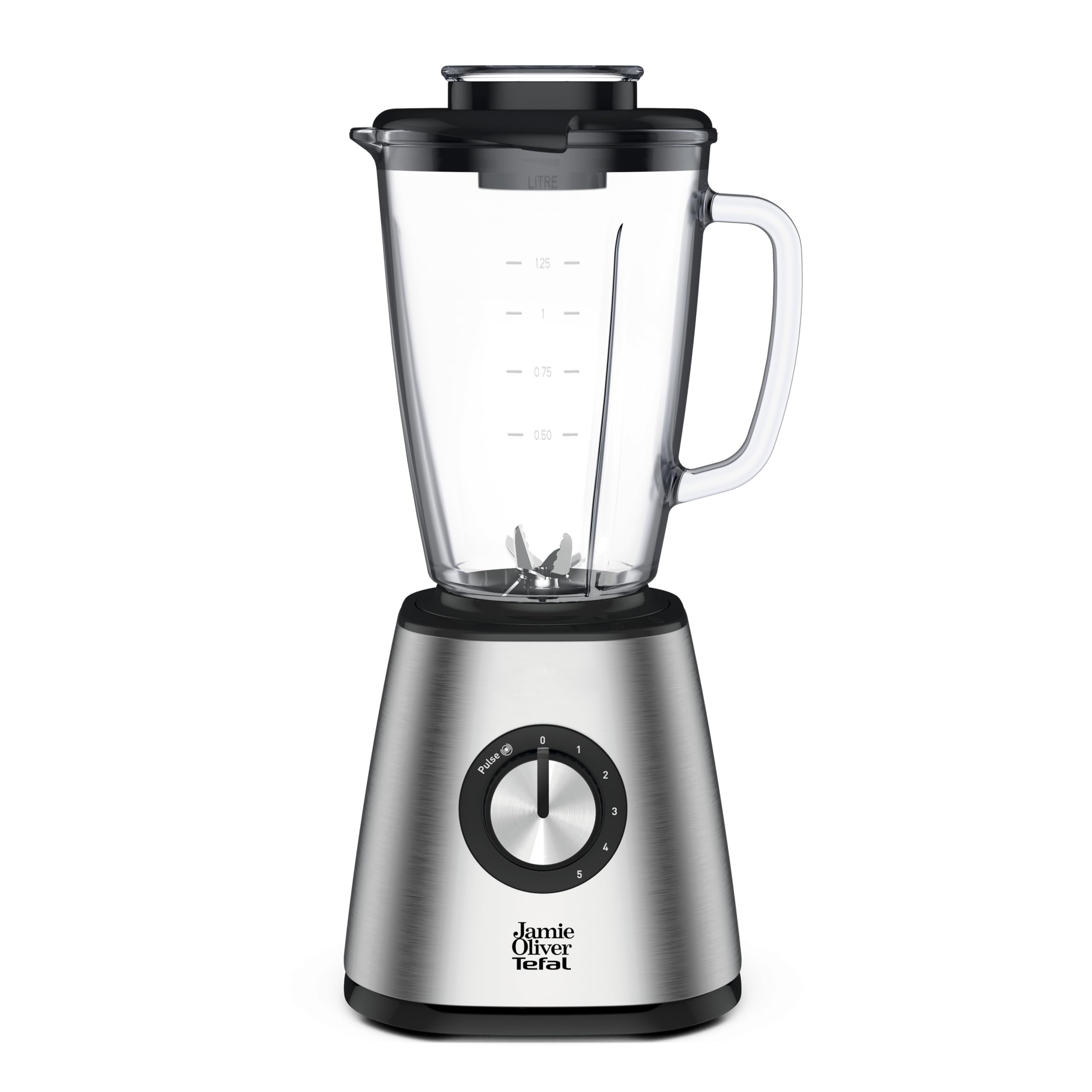 Jamie Oliver by Tefal Standmixer, benutzerfreundlich, 800 Watt Leistung, robuster Thermoglas-Behälter (1,25 L Nutzinhalt), Crushed-Ice-Funktion, 5 Geschwindigkeitsstufen, Mixer, Edelstahl, BL43J810
