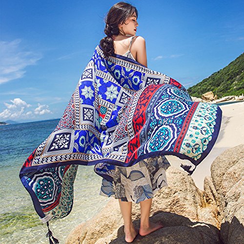 SUNBABY Women Boho Shawl Beach Towels Rectangle Polyester Scarf Travel Sarong Wrap Swimwear Cover Up Beach Mats (Blue Diamond Flower) - Thumbnail 2