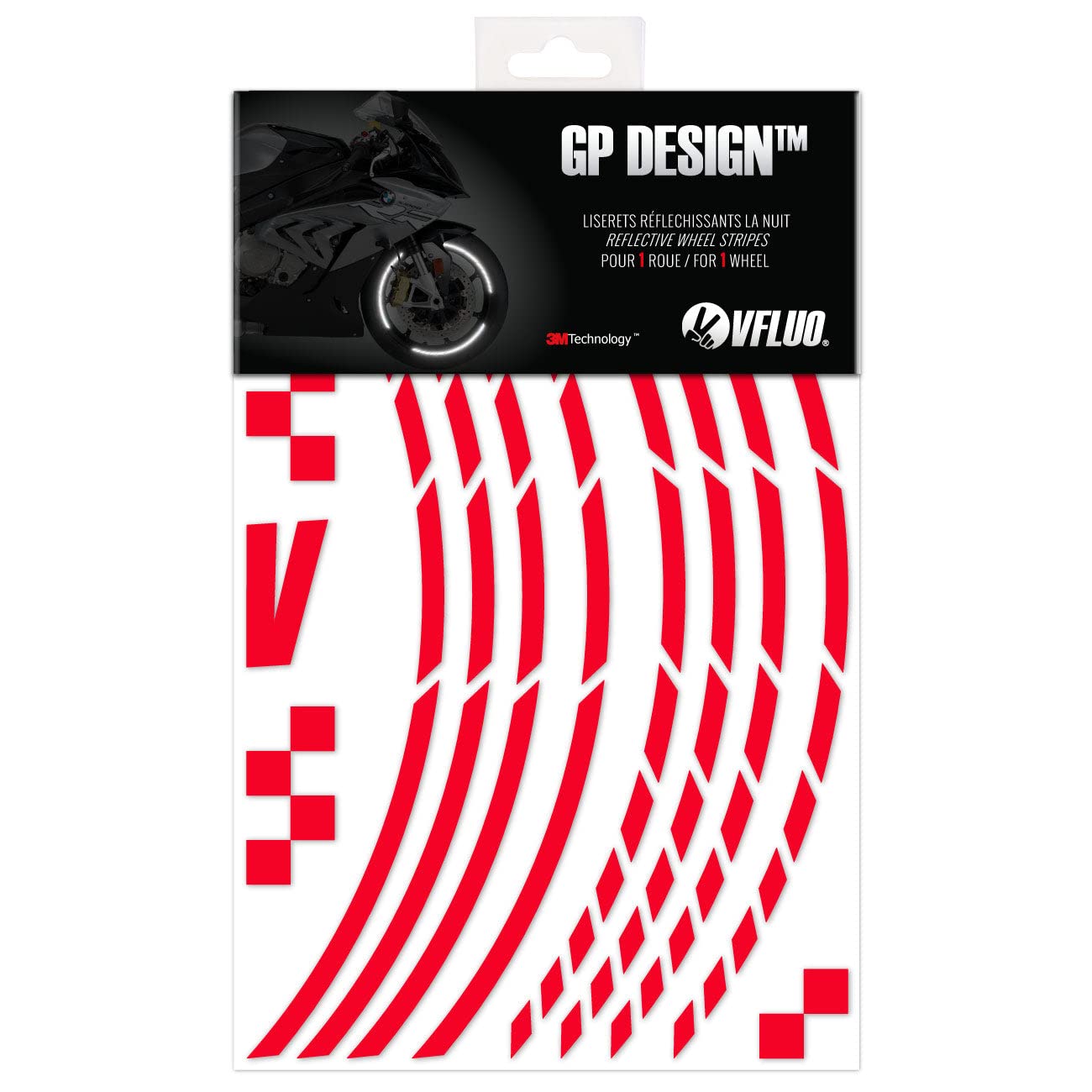 VFLUO GP DESIGN™, motorcycle retro reflective wheel stripes kit (1 wheel), 3M Technology™, 7 mm width, Red