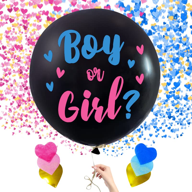 Photo 1 of 5 Pc Premium Jumbo 36 Inch Baby Gender Reveal Balloon Kit | Big Black Balloons with Pink and Blue Heart Shape Confetti | Baby Shower Party Supplies Pack, Gender Reveal Decorations for Boy or Girl