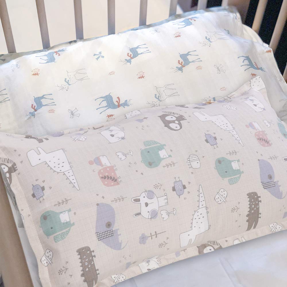 Kids Toddler Pillowcases 2 Pack Organic Cotton Baby Pillow Cover with Cute Animals Printing Comfortable Travel Pillow Cases for Boys and Girls Breathable Pillowslip Cases 13 x 18 Inches