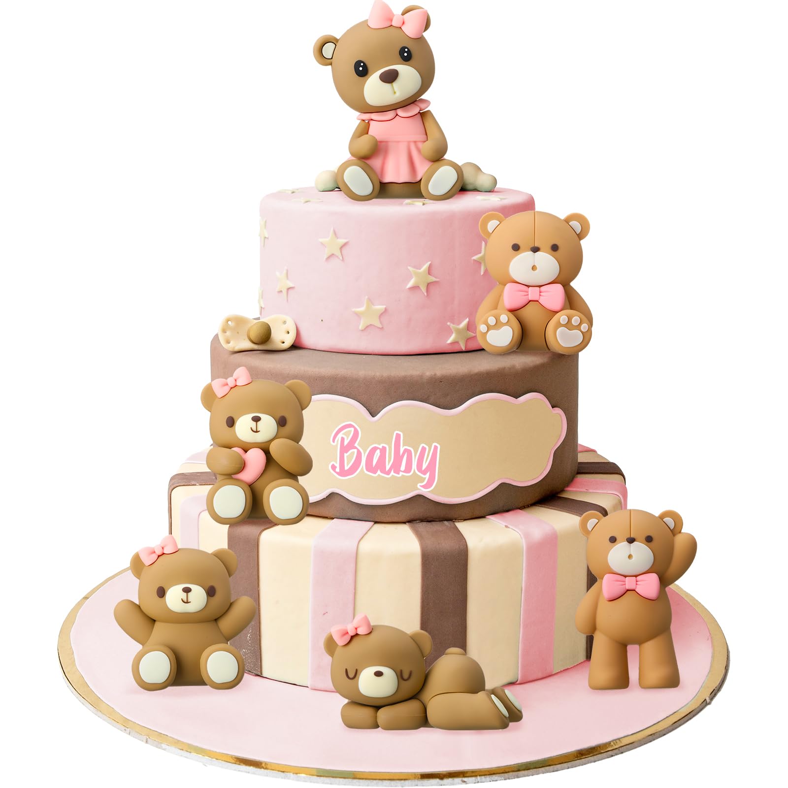 Photo 1 of 6 Pcs 3D Bear Cake Toppers Bear Cake Decorations Baby Shower Party Favors Home Ornaments for Baby Shower Birthday Party Cake Supplies Boys Girl Gifts(Pink)