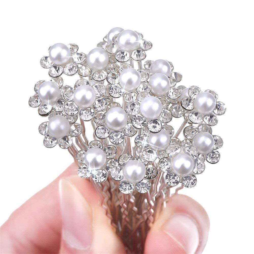 DINGFENG 40 Pieces Pearl Hair Pins, Women Wedding Hair Accessories, Bridal Flowers Hair pins, Crystal Rhinestone Clips For Bridesmaid Women Wedding Party Girl Ball