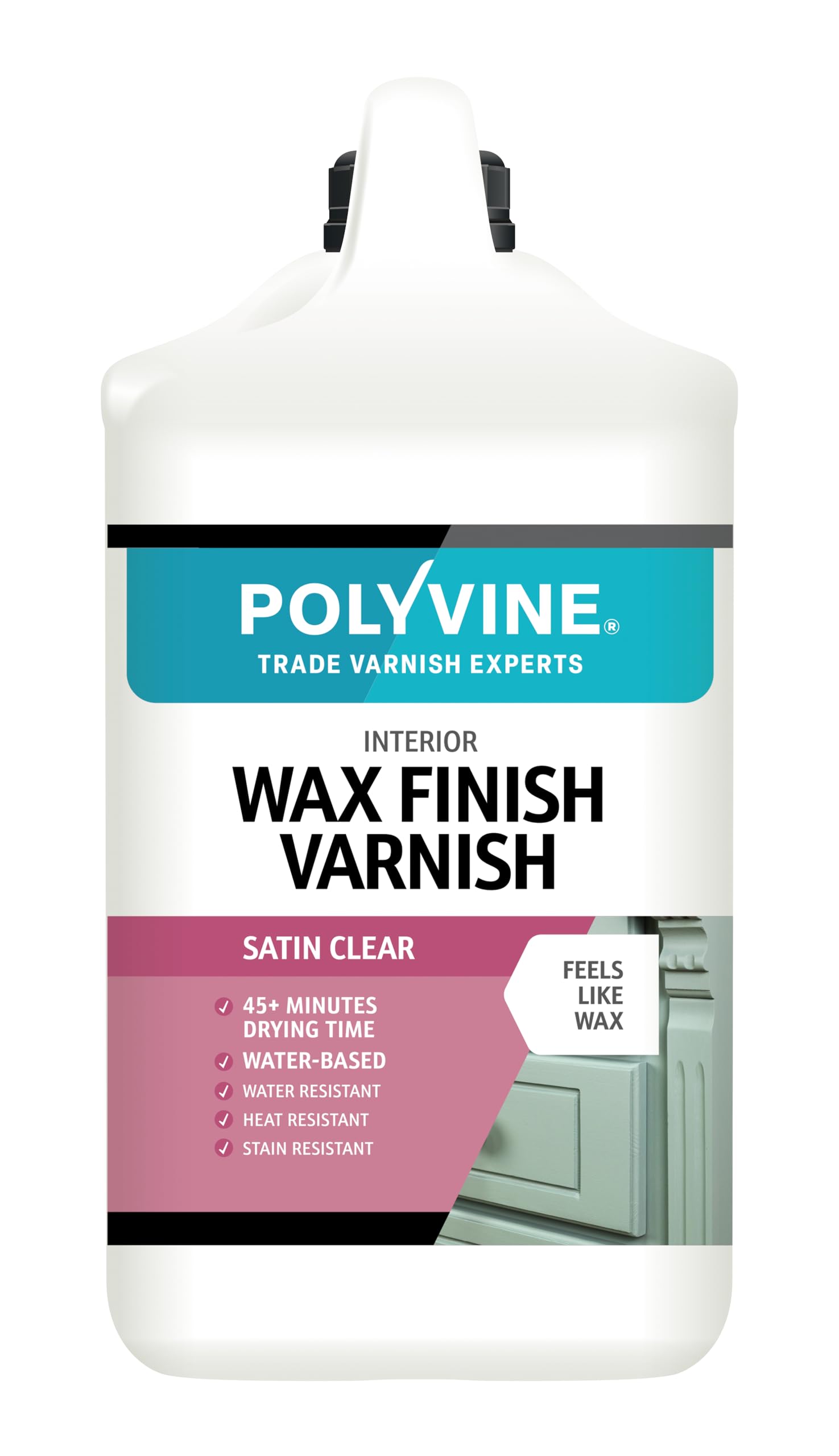 Polyvine Wax Finish Varnish Satin – Quick Dry, Water Resistant Clear Varnish Wax - Quick Dry, Long Lasting Protection, Heat & Stain Resistant for Interior Wood, MDF, Furniture, Emulsion & More, 4L
