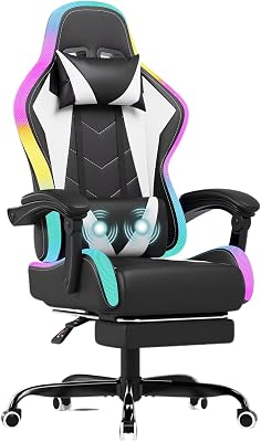 Silla de Gaming con LED, Cool Racing Gamer, Silla ergonómica de Oficina con función de Masaje, Respaldo Ajustable de 90 a 135°, con reposapiés telescópico, Silla de Gaming de 150 kg, Blanco