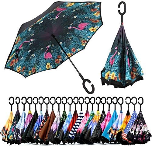 Owen Kyne Windproof Double Layer Folding Inverted Umbrella, Self Stand Upside-Down Rain Protection Car Reverse Umbrellas with C-Shaped Handle
