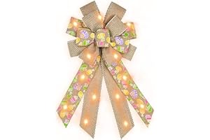 Hying Large LED Easter Bows for Wreath, Easter Eggs Wreath Bows with LED Light Natural Burlap Ribbon Bow LED Holiday Spring Tree Topper Bows for Front Door Easter Party Decorations Supplies
