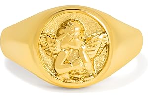 BENIQUE Gold Chunky Signet Stackable Pinky Ring for Women Men, Guardian Angel Cherub, Tarnish-Resistant 18K Gold Plated Stainless Steel Size 3 4 5 6 7 8 9 10 11