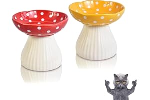 GICIUBUI Mushroom Cat Bowl,Whisker Fatigue Cat Bowl,Cute Cat Bowls,Elevated Cat Food Bowl, Lead & Cadmium Free Ceramic Cat Bowls for Food and Water. (Red+Yellow)