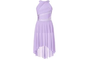 Winnrchan Kids Girls Rhinestones Halter Neck Lyrical Dance Dress Ballet Tulle Leotard Dress Hi-Lo Contemporary Dance Costume