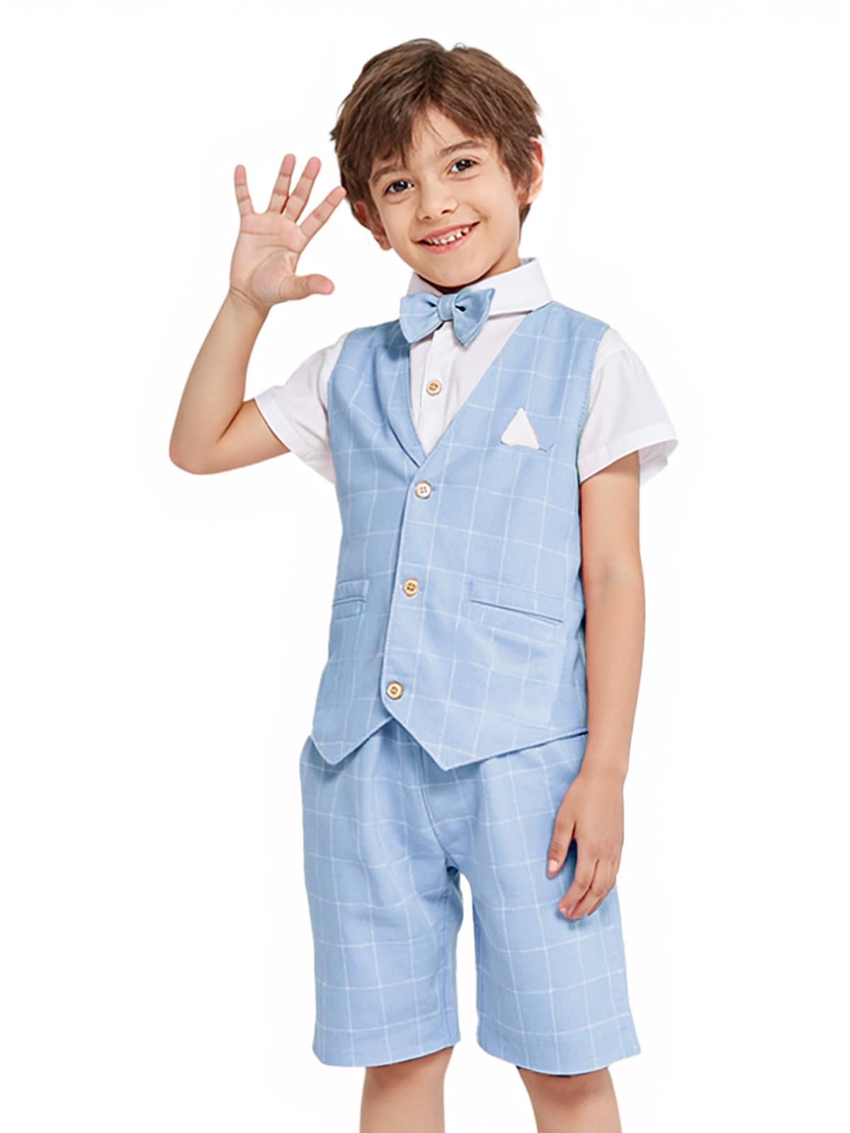 Photo 1 of ** 3 PCS**LOLANTA Summer Boys Suit Dress Clothes Kids Wedding Ring Bearer Outfit 4Pcs Shirt Vest Shorts Set(Blue,6)