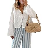 Chvity Tie Front Tops for Women Y2K Linen Shirts Flare Sleeve V Neck Going Out Coquette Clothes Casual Lace Up Bow Blouses