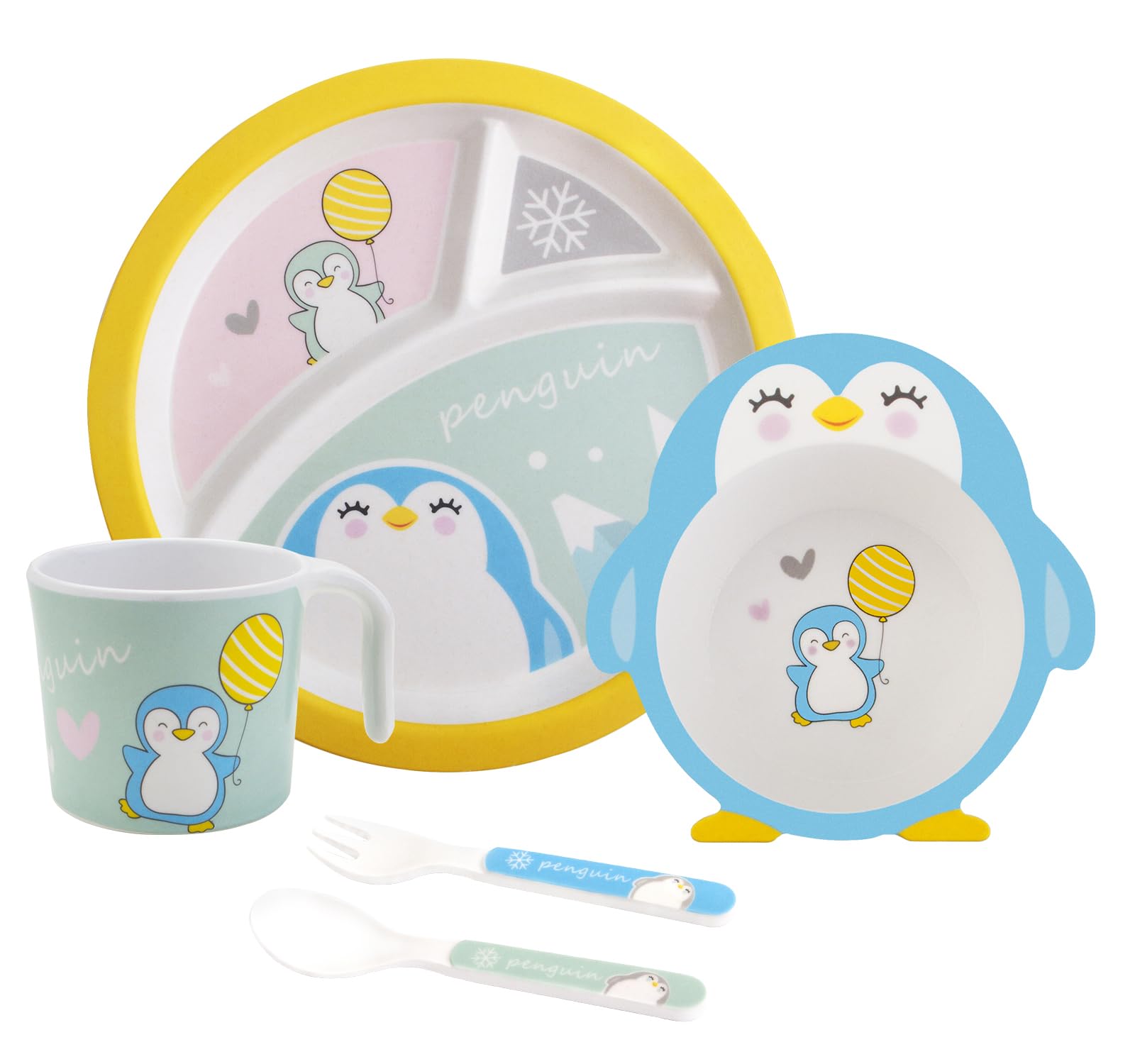 Kids Feeding Set 5 Pcs, Tableware Set for Toddlers Includes Plate Bowl Cup Fork and Spoon Utensil Flatware, Kids Flatware Set Dishwasher Safe, BPA Free (Penguin)
