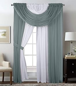 Sapphire Home Complete Window Sheer Curtain Panel Set with 4 Attached Panels (55x84 Each) and 2 Valances with Beads and 2 Tiebacks - Easy Installation- Multicolor 84