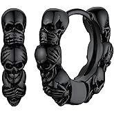 FaithHeart Skull Hoop Earrings for Men Silver/Black/Gold Stainless Steel Gothic Huggie Hoops Earring Lightweight Hypoallergenic Punk Cool Rapper Hip-hop Ear Jewelry Gifts