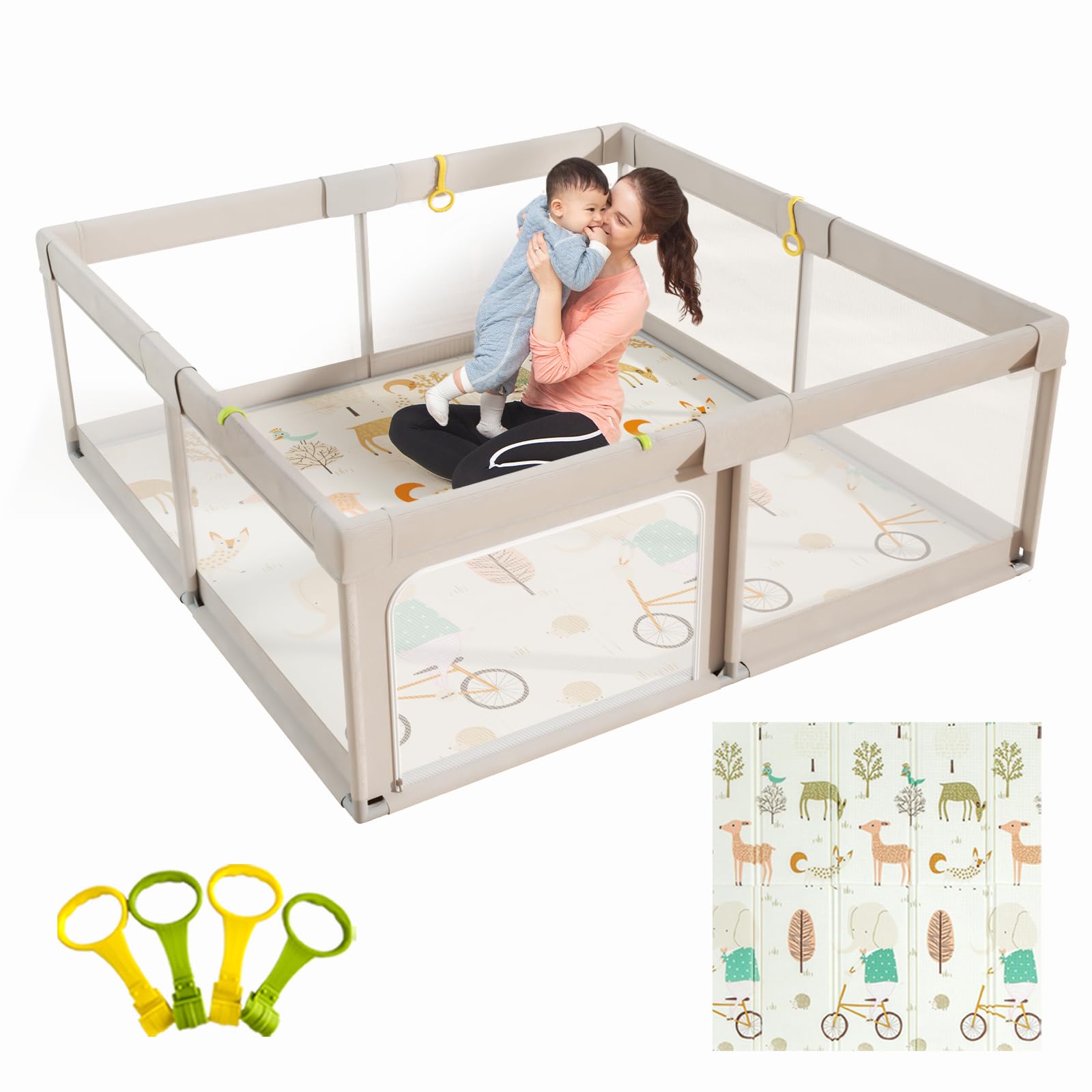 Mloongベビーサークル プレイマット付き 大きめ 赤ちゃん ベビーマット ベビーフェンス 150x150x65cm ベビー プレイヤード サークル 扉付き 日本育児 子供遊び用商品画像