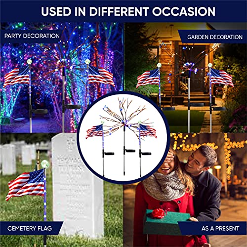 ONM Outdoor Solar Light-3 Pack Solar Garden Lights with 2 Solar Powered American Flag Lights and 1 Solar Firework Light Waterproof-Multi Color-Bigger Solar Panel for Pathway Party Patriotic Decoration