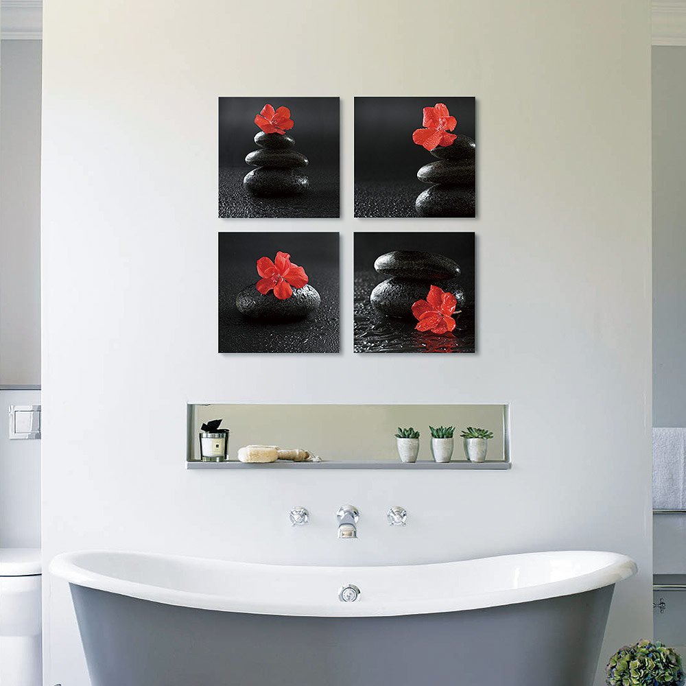 SUMGAR Framed Wall Art for Bathroom of Red Black Flowers and Spa Zen