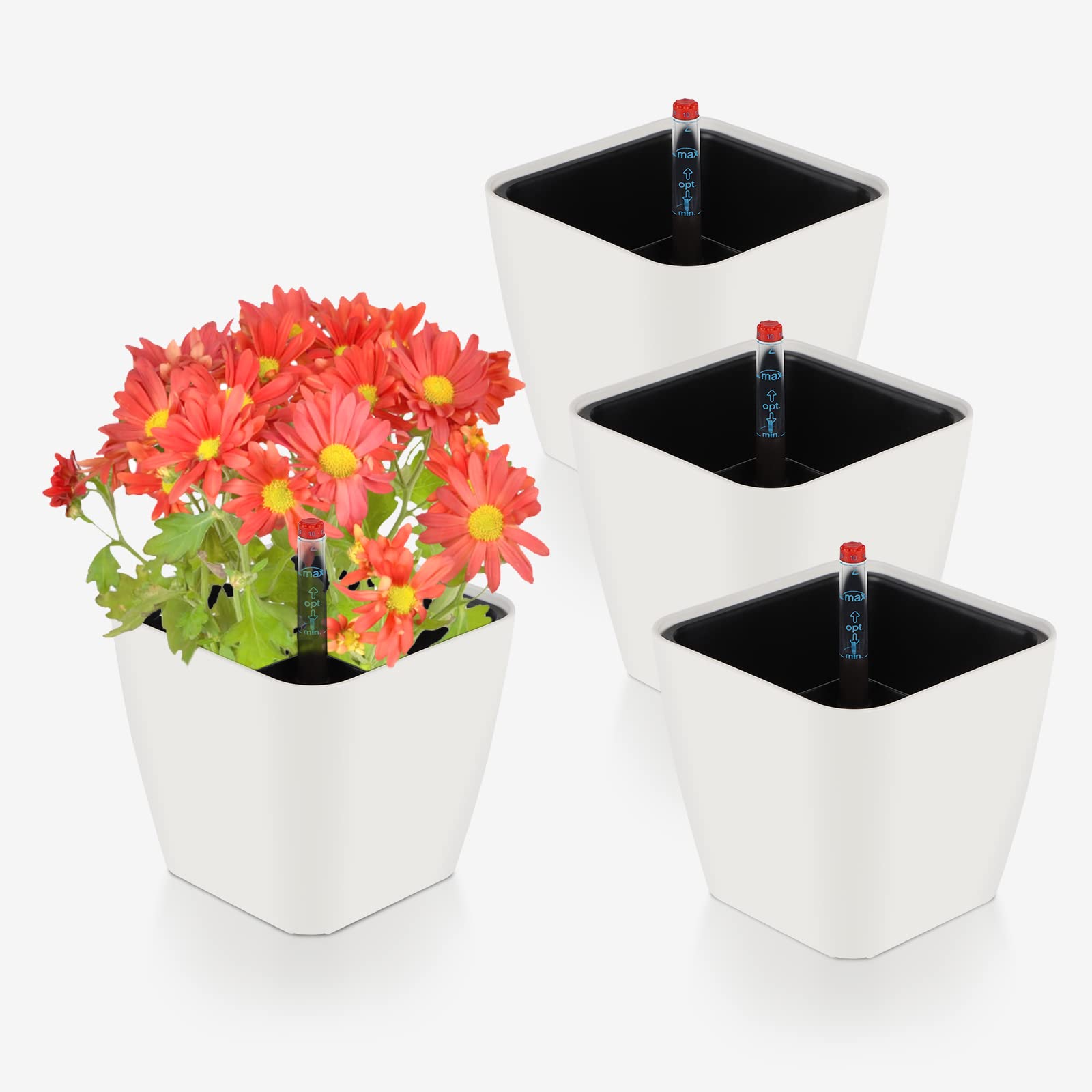 CPROSP 4-Pack Self-Watering Square Planter, White, 13.7 cm x 13.5 cm, Indoor/Outdoor, Modern Style, Flower Pot