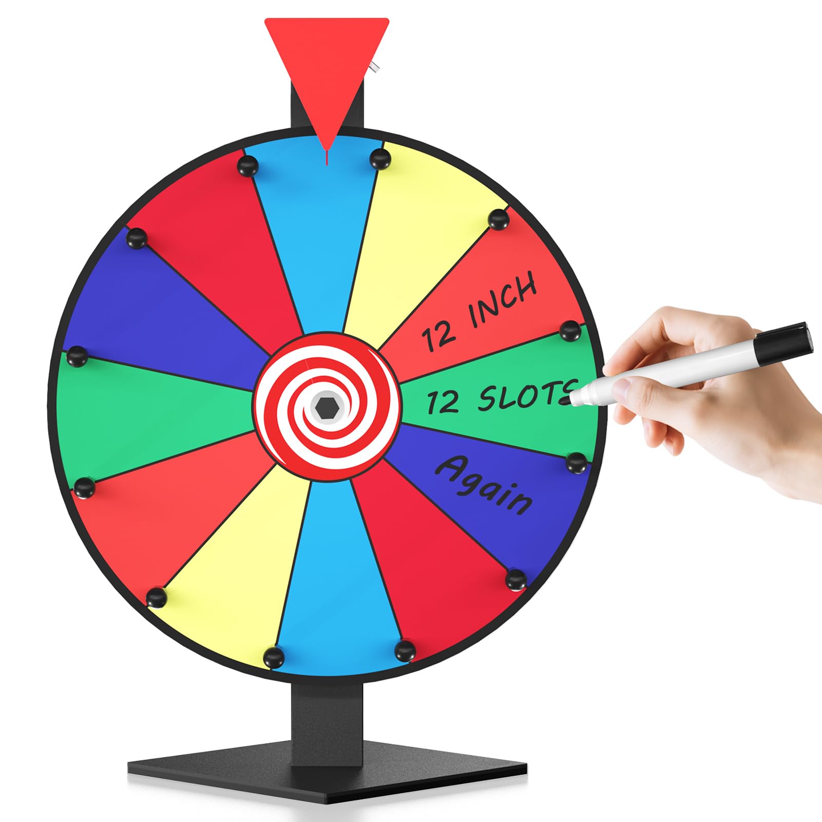 Photo 1 of Retbtnm 12 Inch Prize Wheel, 12 Slots Color Spinning Wheel with Diamond Base, Heavy Duty Tabletop Spinner Wheel Includes Dry Erase Marker & Eraser for Parties, Rewards & Classroom Activities