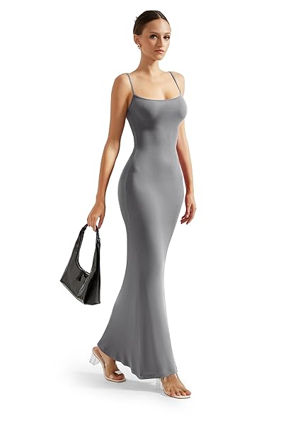 SUUKSESS WOMEN RIBBED LONG SLIP MAXI DRESS SLEEVELESS SEXY BODYCON DRESSES (GREY,L)