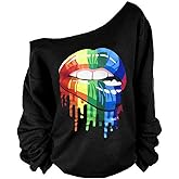 MAGICMK Woman’s Sweatershirt Lips Print Causal Blouse Off The Shoulder Long Sleeve Loose Slouchy Pullover Plus Size Tops