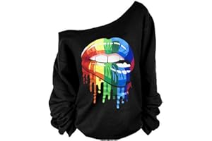 MAGICMK Woman’s Sweatershirt Lips Print Causal Blouse Off The Shoulder Long Sleeve Loose Slouchy Pullover Plus Size Tops
